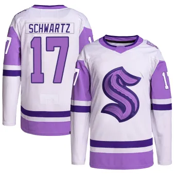 Men's Jaden Schwartz Seattle Kraken Hockey Fights Cancer Primegreen Jersey - White/Purple Authentic