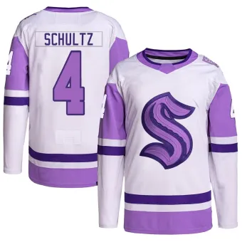 Men's Justin Schultz Seattle Kraken Hockey Fights Cancer Primegreen Jersey - White/Purple Authentic
