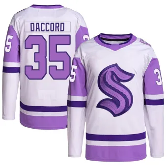 Youth Joey Daccord Seattle Kraken Hockey Fights Cancer Primegreen Jersey - White/Purple Authentic