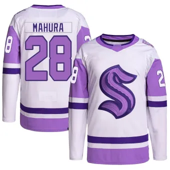 Youth Joshua Mahura Seattle Kraken Hockey Fights Cancer Primegreen Jersey - White/Purple Authentic