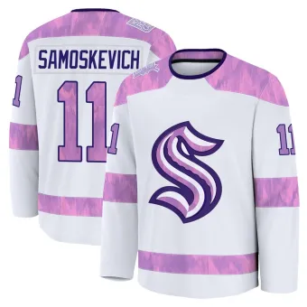 Youth Mackie Samoskevich Seattle Kraken 2024 Hockey Fights Cancer Practice Jersey - White Premium