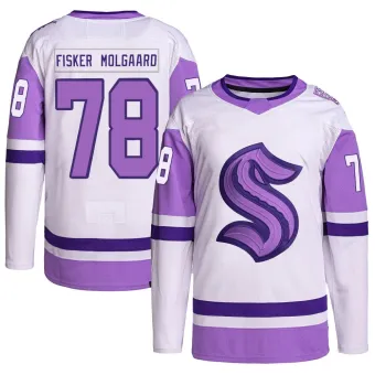 Youth Oscar Fisker Molgaard Seattle Kraken Hockey Fights Cancer Primegreen Jersey - White/Purple Authentic